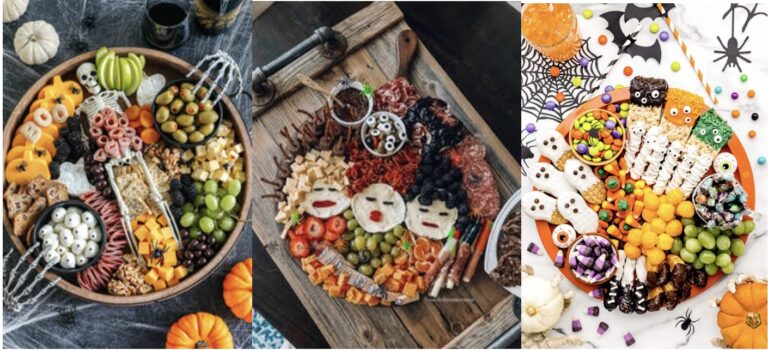 Three paneled images of various Halloween themed charcuterie boards