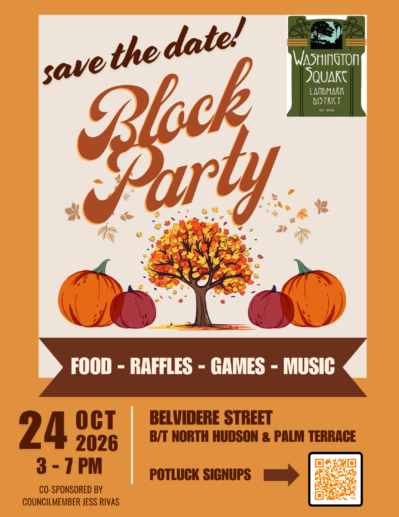 2026 Washington Square Block Party flyer, Saturday, October 24, 2026, 3 to 7 PM on Belvidere Street between North Hudson and Palm Terrace. Food, raffles, games, and music.
