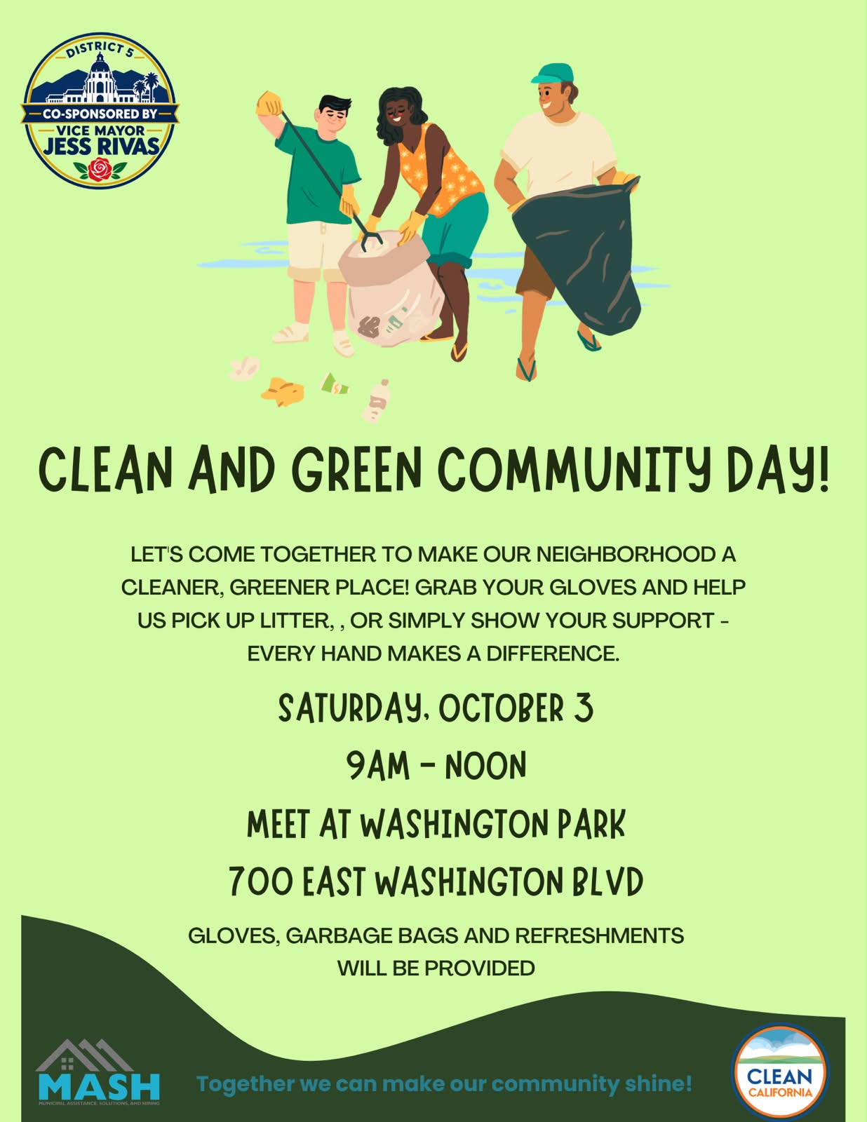 Clean and Green Community Day flyer: Saturday, October 3, 9 AM to noon, meet at Washington Park, 700 East Washington Blvd. Gloves, garbage bags and refreshments provided.