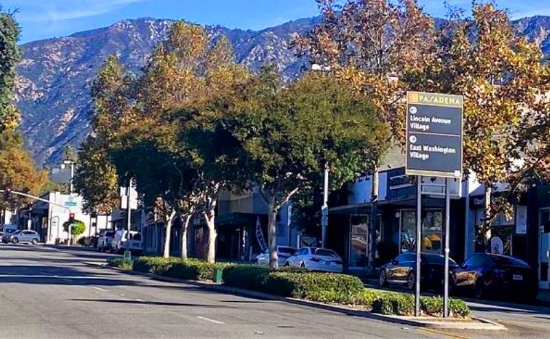 Tree-lined North Lake Avenue in Pasadena with the San Gabriel Mountains in the background
